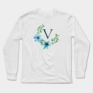 Floral Monogram V Pretty Blue Flowers Long Sleeve T-Shirt